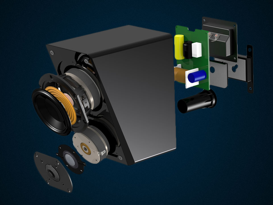 Exploded view of speaker with parts and components.