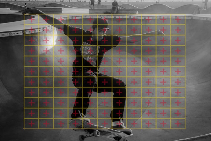 Image of focusing screen overlaid on skateboarder